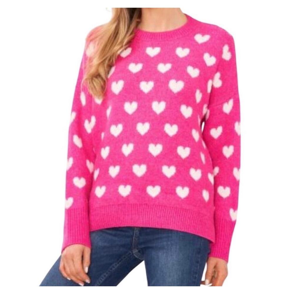 Vince Camuto Cozy Ponk Heart Print Knit Sweater Crewneck  Size Medium